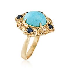 Ross-Simons - Turquoise and .40 ct. t. w. Sapphire Ring in 14kt Yellow Gold. Size 7. So royally regal. This stunning 10x8mm oval turquoise cabochon is accented by .40 ct. t. w. sapphires on each side. The elegant openwork design of textured and polished 14kt yellow gold is a timeless classic. 5/8" wide. Turquoise and sapphire ring. Sapphire birthstones are the perfect gift for September birthdays. Elegant Multi-stone Turquoise Ring, Elegant Multi-stone Turquoise Ring In Yellow Gold, Elegant Yellow Gold Multi-stone Turquoise Ring, Elegant Yellow Gold Turquoise Ring With Gemstone Accents, Formal Fine Jewelry Turquoise Ring With Accent Stones, Elegant Oval Cabochon Turquoise Ring For Formal Events, Elegant Oval Cabochon Turquoise Ring For Formal Occasions, Elegant Yellow Gold Turquoise Ring With Accent Stones, Elegant Turquoise Cabochon Ring