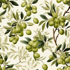 green olives and leaves on a white background, seamless wallpaper with branches