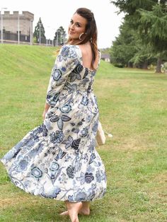 Blue floral dress, botanical dress, blue dress, royal blue dress, white dress with blue flowers, floral dress, blue and white floral dress, cara cara dress Stylish Gown, Exposed Zipper, White Floral Dress, Printed Maxi, Designer Gowns, Maxi Dress With Sleeves, Fashion Help, Printed Maxi Dress, Elegant Fashion