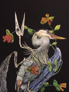 a painting of two birds with flowers in their beaks