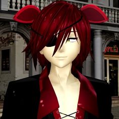 an anime character with red hair and horns on his head, standing in front of a building