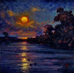 an oil painting of the sun setting over water with trees and clouds in the background