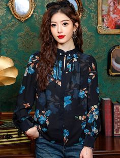 Size: XXL Chiffon Shirt, Chiffon Fabric, Long Sleeve Casual, Floral Printed, Black Floral, Black Color, Top Shirt, Floral Print, Chiffon