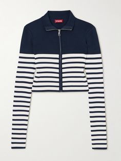 STAUD's 'Raft' cardigan is knitted with nautical-inspired navy and white Breton stripes. It's designed for a slim fit and has a high neckline that can be unzipped to create a neat collar. Striped Fitted Cardigan For Winter, Fitted Striped Cardigan For Winter, Trendy Striped Fitted Outerwear, Fitted Casual Outerwear With Contrast Stripes, Casual Fitted Outerwear With Contrast Stripes, Navy Fitted Top With Contrast Stripes, Fitted Navy Sweater For Spring, Fitted Navy Cardigan For Spring, Fitted Navy Casual Cardigan