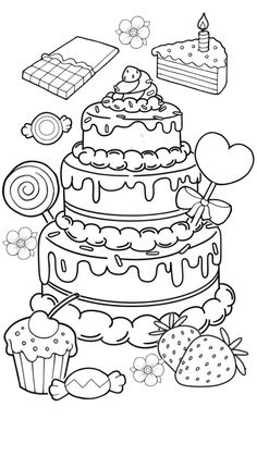 a birthday cake with lots of different toppings and decorations on the top, outlined in black and white