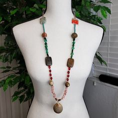 Women's Bohemian Necklace Nwot 17" Long Plus 2" Stone Pendant. Casual Festival Jewelry With Large Beads, Casual Large Beads Jewelry For Festival, Bohemian Long Necklace With Natural Stones For Beach, Bohemian Long Necklace With Beaded Chain For Festivals, Bohemian Necklaces 16 Inch Length, Bohemian Long Necklace With Colorful Beads, Bohemian Beaded Pendant Necklace For Beach, Casual Large Beads Necklace For Festival, Casual Large Beaded Necklace For Festivals