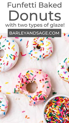 donuts with sprinkles on them and the words funfetti baked donuts with two types of glaze