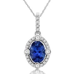 Royal 14K White Gold Pendant Necklace with Oval Tanzanite and Halo of Round Diamonds - 0.99 Carat Total Gem Weight Striking Beauty, White Gold Pendant Necklace, White Gold Pendant, Jewelry Appraisal, Delicate Chain, Ring Pendant Necklace, Royal Jewelry, Womens Wedding Bands, Custom Jewelry Design