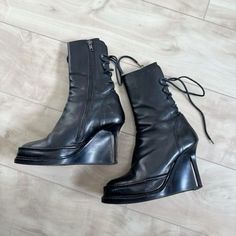 Ann Demeulemeester Shoes, Ann Demeulemeester Boots, Funky Shoes, Winter Lookbook, Lace Up Wedges, Stiletto Boots, Ann Demeulemeester, Sneaker Heels, Cute Shoes