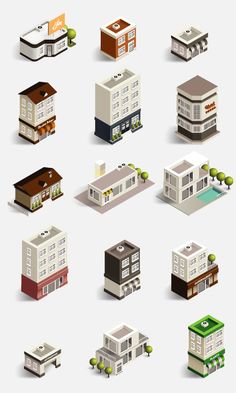 the different types of buildings are shown in this set, including one building and two floors