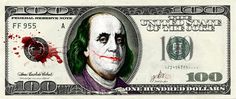 a one hundred dollar bill with the joker face painted on it