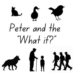 the silhouettes of people and animals are shown in this black and white photo with words that read peter and the what if?