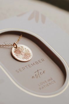 The aster is the flower that represents those born in September. Aster are the flower of love and patience. Product Details 14k gold-filled Hand stamped Charm measures 1/2 inch in diameter Chain measures 16-18 inches (can be adjusted based on preference) Flower Of Strength, September Aster, February Birth Flower, Flower Of Love, December Birth Flower, September Birth Flower, February Birth Flowers, Born In September, Love And Loyalty