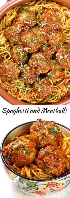 spaghetti and meatballs in a bowl with the words spaghetti and meatballs above it