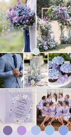 a collage of photos with purple and blue flowers on them, including the bride and groom's bouquets