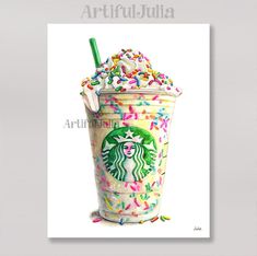 a painting of a starbucks drink with sprinkles