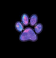 a purple and blue dog paw print on a black background with space in the middle