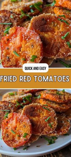 fried red tomatoes with herbs on top and an image of grilled tomato halves in the middle