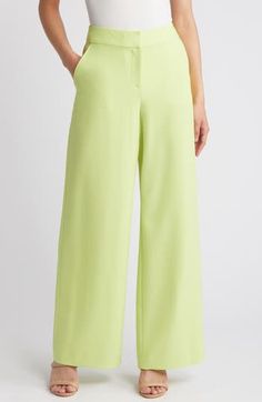 A sweeping wide leg adds casual grace to these staple pants that move from desk to dinner with ease. 31" inseam; 24 1/2" leg opening; 11" front rise; 15 1/2" back rise Zip fly with hook-and-bar closure 96% polyester, 4% elastane Dry clean Imported Green Wide Leg Dress Pants For Office, Green Wide Leg Pants For Work, Wide-leg Pants For Office In Spring, Spring Wide-leg Office Pants, Spring Office Wide-leg Pants, Spring Workwear Wide Leg Trousers, Wide Leg Dress Pants For Business Casual Spring, Green Wide Leg Office Bottoms, Green Wide-leg Office Pants