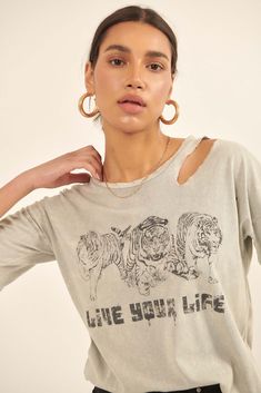 Distressed mineral washed graphic t-shirt. Vintage-style tigers graphic print with "Live Your Life" text. Torn and distressed detailing with slashed shoulder cutout. Round neckline. Short sleeves. Drop shoulder. Relaxed fit. 100% Cotton. Imported top designed and printed in LA. Model wears size S. Distressed Shirt, Stylish Mens Outfits, Live Your Life, Slate Blue, Vintage Tees, Live For Yourself, Tigers, Drop Shoulder, Round Neckline