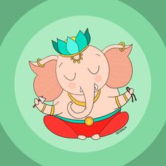 an elephant with a crown sitting on top of it's back in a yoga pose