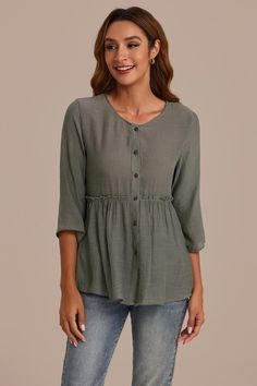 Solid Half Sleeve Top With Button Closure, Casual Half Sleeve Blouse With Button Closure, Casual Blouse With 3/4 Sleeves And Buttons, Spring Casual Buttoned Blouse, Spring Casual Button Blouse, Spring Casual Blouse With Buttons, Summer Tops With 3/4 Sleeve And Button Closure, Casual Blouse With Roll-up 3/4 Sleeves, Relaxed Fit Blouse With 3/4 Roll-up Sleeves