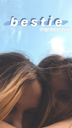 two women hugging each other with the words bestie above them in front of a blue sky