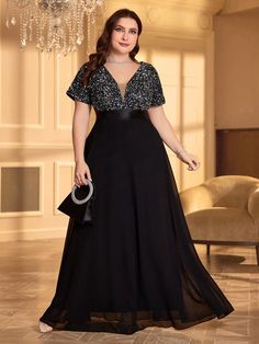 Plus Size V-Neck Sequin Patchwork Chiffon Long Formal Dress Black Elegant Evening Wedding Guest Gown, For Graduation, Dinner Black   Short Sleeve Chiffon Colorblock,Plain,All Over Print A Line Non-Stretch  Weddings & Events, size features are:Bust: ,Length: ,Sleeve Length: Long Dress Formal Plus Size A Line, Black Lace And Chiffon Dress, Formal Dresses For Obese Women, Women's Plus Size Formal Dresses, Plus Size Gowns Formal Black, Long Gown Elegant Classy Plus Size, Full Figure Dress Formal, One Piece Party Wear Dress, Plus Size Formal Dresses With Sleeves Black