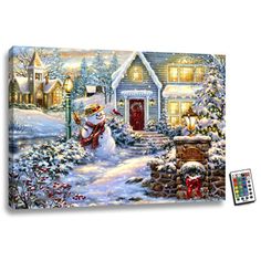 a christmas scene with a snowman in front of a house and a fire hydrant