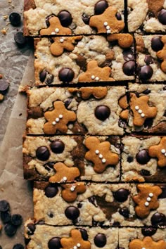 chocolate chip cookie bars with white and brown candies