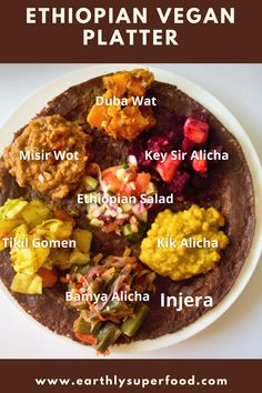 the ethiopian vegan platter is shown on a white plate