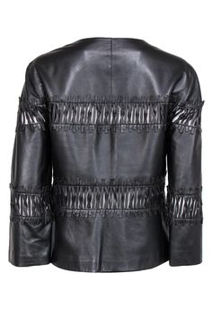 Get this soft and buttery leather jacket from Lafayette 148 for a subtle daytime statement anytime! Made with an open-woven trim and sleek design, this is a great piece to layer over your favorite flared jeans and booties. Size 10 100% Leather Front hook and eye closures Rounded neckline Open woven trim Waist 31" Sleeve 19.5" Shoulder to hem 23" Dark Brown Leather Jacket, Trim Waist, Brown Leather Jacket, Dark Brown Leather, Flared Jeans, Flare Jeans, Sleek Design, Dark Brown, Brown Leather