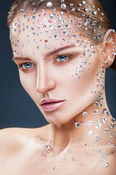 Rhinestone Body Art, Crystal Makeup Rhinestones, Facial Rhinestones, Makeup Looks Rine Stones, Rhinestone Makeup Photoshoot, Dramatic Rhinestone Makeup, Dance Competition Makeup, Editorial Rhinestone Makeup, Jewel Makeup