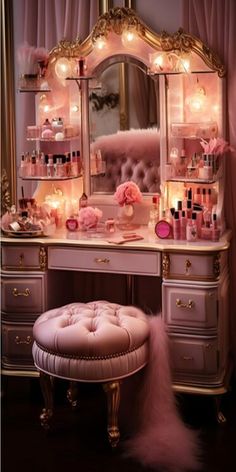 a vanity with lights on it and a pink stool in front of the mirror that is lit up