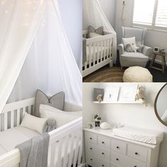 there are pictures of a baby's room with white furniture and accessories in it