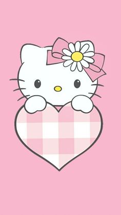 a hello kitty wallpaper with a heart and flower in the center on a pink background