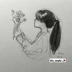 a drawing of a girl holding flowers in her hand