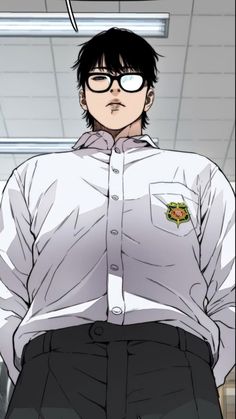 an anime character wearing glasses and a shirt with a badge on it's chest