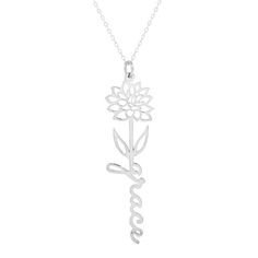 * Personalize with any name attached to birth month flower * Pendant measures approximately 2 depending on length of name * 16 Rolo chain * Made from Sterling Silver * Lobster claw clasp * Approx. weight 2.9 Grams * Imported  This unique November Birth Flower Chryasanthemum Name Necklace is perfect for any one born in November. It features a delicate Chryasanthemum motif for the perfect amount of subtle femininity. Showcase your birth month in a classy, personalized way with this special piece. November Birth Flower, Born In November, Name Necklace Silver, Lobster Claws, Birth Month Flower, Flower Names, Birth Month Flowers, Birth Flower, Personalized Birthday Gifts