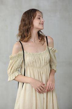 "This linen dress is full of contradictions, ensuring an eye-catching finish. The classic flared structure is contrasted by a slip design, whilst the ruffled details are given a contemporary twist with their asymmetric placement. In an old lace and olive green hue, this flared gown is here to turn heads at every event it attends. Off you go. 【Fabric】 95% linen, 5% silk it is Italian linen. exquisite high end texture. we add 5% silk to make it soft and exquisite. lightweight but a little sheer. l Chic Off-shoulder Linen Dress, Summer Off-shoulder Linen Dress, Linen Kaftan, Capsule Dressing, Hooded Wool Coat, Green Bracelet, Linen Midi Dress, Dress Linen, Apron Dress