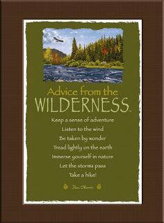 a card with an image of a lake and trees in the background that says advice from the wilderness