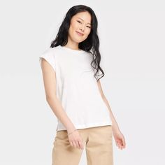 Women's Extended Shoulder T-shirt - A New Day™ : Target Loose T Shirts For Women, Loose T Shirts, Neutral Shirt, Capsule Closet, High Neck Tank Top, Ribbed Tank Tops, Hem Style, Shoulder Shirts, Workout Tank Tops