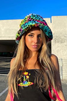 spvce island rainbow leopard faux fur bucket hat lisa frank y2k 90s festival fashion Fur Bucket Hat Outfit, Space Island, Leopard Bucket Hat, Coat Details, Bucket Hat Outfit, Rave Fits, Long Fur Coat, Fur Bucket, Faux Fur Bucket Hat