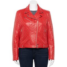 Add an edgy touch to your outerwear with this women's Whet Blu studded leather jacket. Add an edgy touch to your outerwear with this women's Whet Blu studded leather jacket. Genuine lambskin leather Windproof and water resistant shell Studded details Zipper front Long sleeves Adjustable belt 3 exterior, 2 interior pocketsFIT & SIZING 24-in. approximate length from center back to hem Designed to hit above the knees LightweightFABRIC & CARE 100% Leather Lining: polyester Dry clean Imported Winter Leather Outerwear With Studs, Fall Leather Biker Jacket With Studs, Spring Leather Outerwear With Rivets, Trendy Leather Jacket, Pirate Jacket, Studded Leather Jacket, Houndstooth Jacket, Aviator Jackets, Plus Size Outerwear