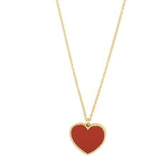 "Red Cornelia Heart Pendant Necklace Real 14K Yellow Gold *Metal: Real 14K Yellow Gold (Properly Stamped, 14K) *Condition: Brand New *Finish: Polished *Average Weight: 3.41 grams *Length: 18\" *Width: 13.5mm x 15mm = Just over 1/2\" x 5/8\" *Clasp/Bail: Pear Shaped Lobster Lock All of our items are brand new and are shipped with a gift box." Red Heart Jewelry For Formal Occasions, Red Heart Cut Necklace For Formal Occasions, Formal Red Jewelry With Heart Charm, Luxury Double Heart Necklaces For Valentine's Day, Elegant Red Jewelry With Heart Beads, Luxury Red Jewelry For Valentine's Day, Luxury Heart Necklace For Valentine's Day, Red Heart Pendant For Formal Occasion, Elegant Red Open Heart Necklace