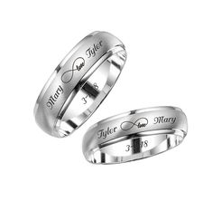 Our personalized two-tone silver ring sets can be customized for your engagement, promise rings or wedding bands. A personalized ring set is a sentiment of love that can be inscribed with names, dates or a custom message. Silver Stainless Steel Ring Set Width: Female 6 mm Sizes Available 5-6-7-8-9 Width: Male 8mm Sizes available: 8-9-10-11-12-13-14 Permanently laser-engraved band. This method of engraving is bold and dark. How to order your Custom Engraved Ring ( highly recommend going to a jewe Christian Wedding Rings, Personalized Promise Rings, Engraved Silver Ring, Couple Ring Design, Engraved Wedding Rings, Wedding Band Engraving, Fall Rings, Couples Ring Set, Engraved Ring