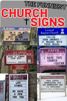 several different signs with the words church signs above them