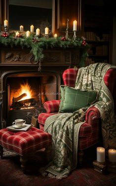 a living room filled with furniture and a fire place covered in christmas blankets next to a fireplace