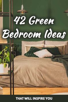 a bedroom with green walls and bedding in the middle, there is a plant next to the bed