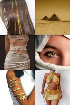 four different pictures with gold paint on their body and one woman's face in the middle